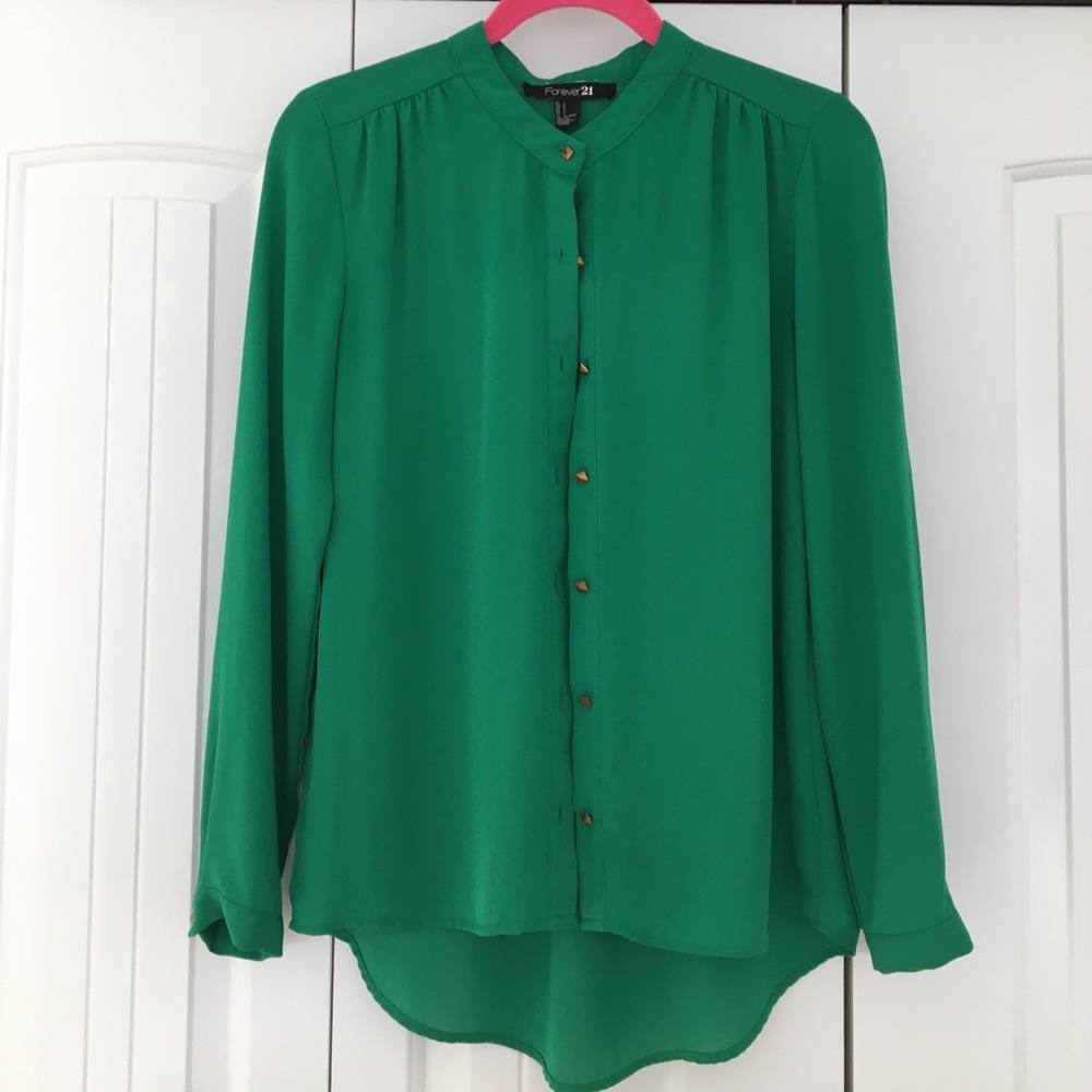 Emerald Green High-Low Long Sleeve Blouse